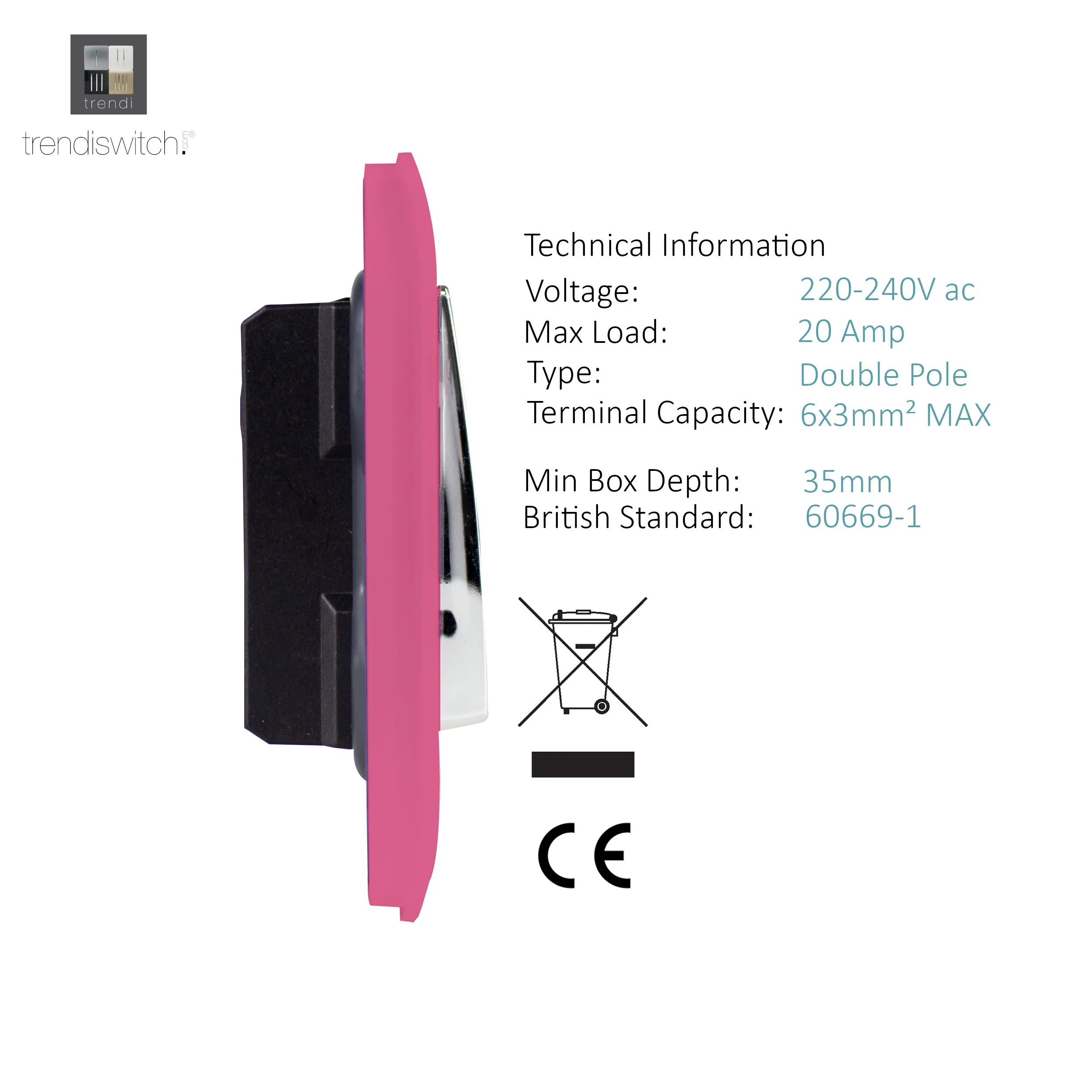 20 Amp Neon Insert Double Pole Switch Pink ART-WHS1PK  Trendi Pink